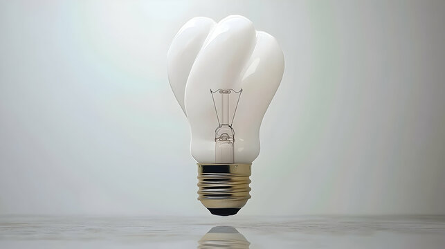 A single, white, spiral-shaped light bulb, illuminated against a muted gray background.  The bulb's intricate design,  and the golden screw-in base,  are clearly visible. 