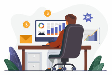 Analyzing Financial Data and Growth Charts at Desk in Modern Office