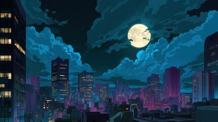 Stunning photo of image of night cityscape illustration in a neo-crisp anime style, featuring neon flat colors with a big moon and clouds hovering over skyscrapers.