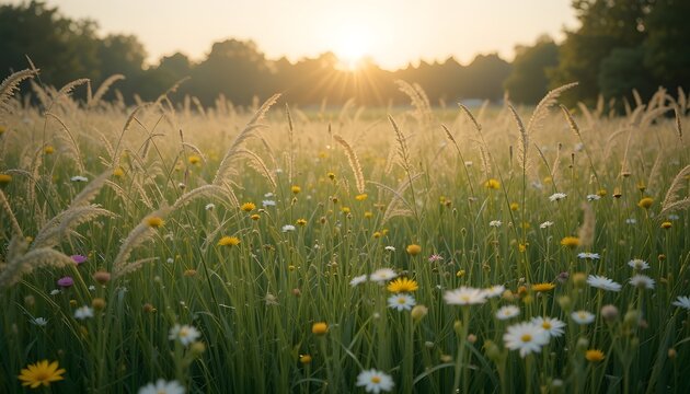 an open meadow filled with tall grass swaying in the wind, scattered wildflowers in bloom, soft golden light just before sunset - - Powered by Adobe
