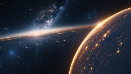 Fototapeta premium Planet earth rotating showing city lights and milky way galaxy in outer space