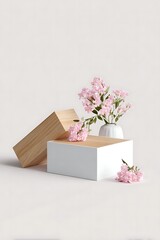 Light-colored wooden display stands with pink flowers.