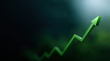 Green upward arrow graph indicating growth or increase, with blurred dark green background, symbolizing financial or business success and positive progress