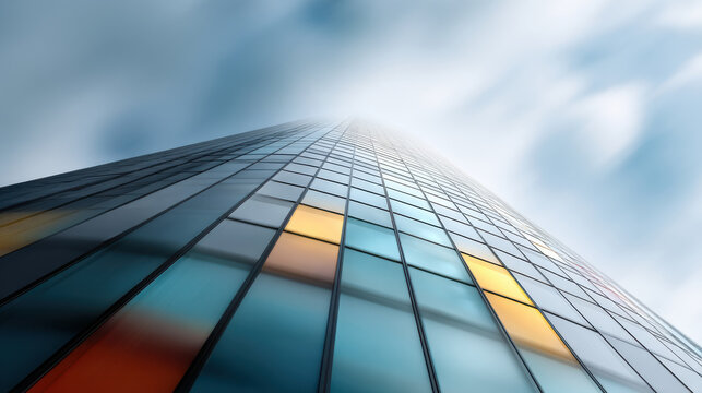 Tall modern glass skyscraper with reflective windows reaching towards cloudy sky, showcasing sleek and contemporary architectural design with colorful illuminated panels