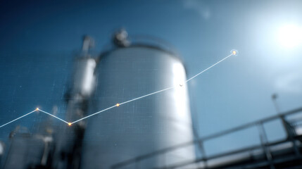 Large industrial storage tank with line graph overlay showing upward trend, set against bright sky with sunlight reflecting off tank surface, indicating growth or progress energy or manufacturing