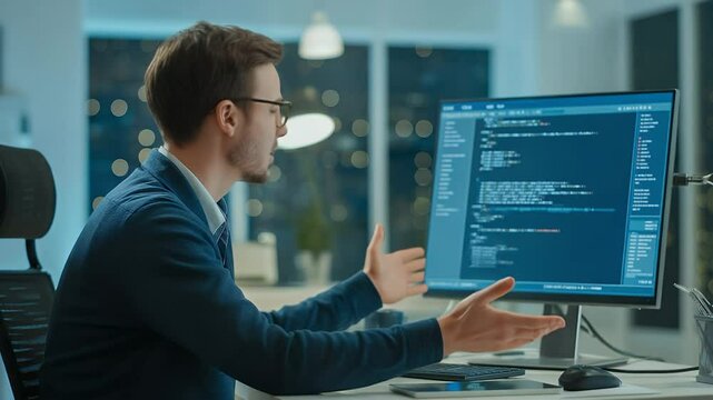 Coding in the Modern Workspace: A focused programmer, immersed in his craft, sits at his computer, surrounded by the sleek, modern elements of a high-tech office, demonstrating focus.