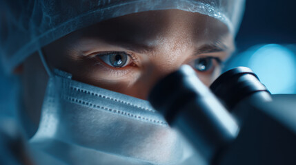 Close up of scientist examining samples through microscope laboratory setting, showing intense focus and concentration, with protective gear including mask and hair cover, emphasizing scientific