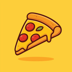 Vector illustration of a cartoon pizza slice with cheese, pepperoni, and basil. Ideal for food, fast food, and kids' menu designs.

