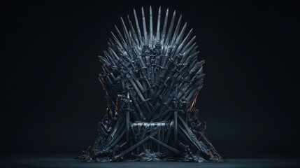 Stunning photo of medieval iron throne of kings made of weapons: swords, daggers, spears, knives blades. Misterious low key middle ages fantasy background design element. Dark.