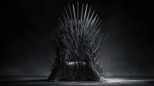 Stunning photo of medieval iron throne of kings made of weapons: swords, daggers, spears, knives blades. Misterious low key middle ages fantasy background design element. Dark.