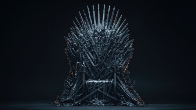 Stunning photo of medieval iron throne of kings made of weapons: swords, daggers, spears, knives blades. Misterious low key middle ages fantasy background design element. Dark.