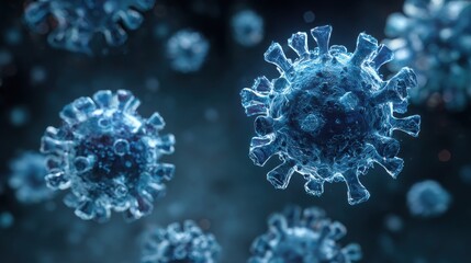 Stunning photo of microscopic enlargement of blue virus - respitory virus outbreak - floating cells in body - virus shaped as covid, influenza, sars, corona, hiv, mers, cholera.