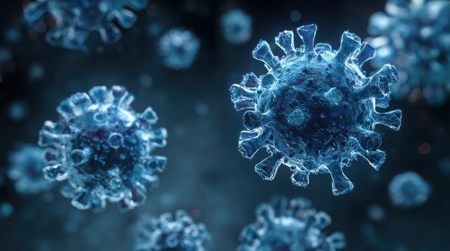 Stunning photo of microscopic enlargement of blue virus - respitory virus outbreak - floating cells in body - virus shaped as covid, influenza, sars, corona, hiv, mers, cholera. - Powered by Adobe
