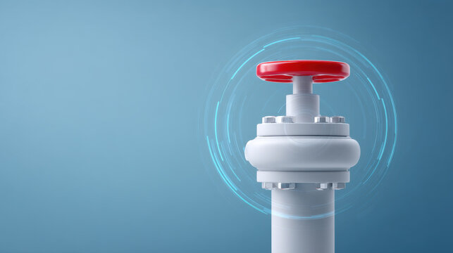 Large industrial valve with red handle is shown against blue background with digital effects indicating control or automation. valve appears to be part of mechanical or plumbing system