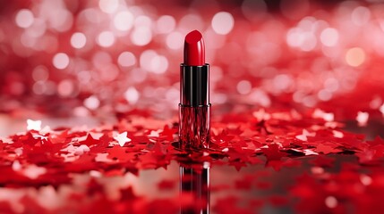 A single tube of vibrant red lipstick stands elegantly amidst a bed of red, star-shaped confetti, reflecting in a glossy surface. The background is a ...