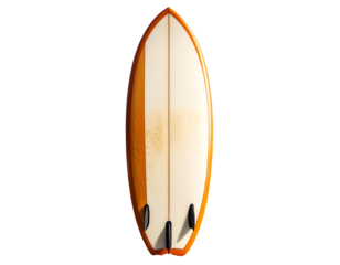 Surfboard Standing Upright on Pebble Beach with Ocean Waves in Background, isolated on transparent background