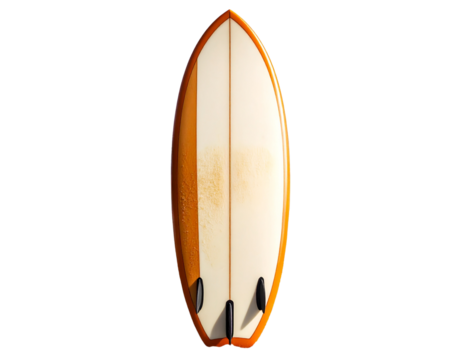Surfboard Standing Upright on Pebble Beach with Ocean Waves in Background, isolated on transparent background