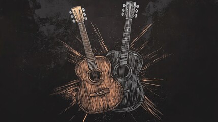 crossed acoustic guitars, symbolizing music, unity, and celebration in classic art sketch engraving generative ai vector illustration. Scratch board imitation