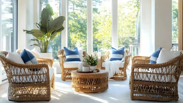 Coastal-inspired compact space with rattan chairs, white and blue tones and large window light