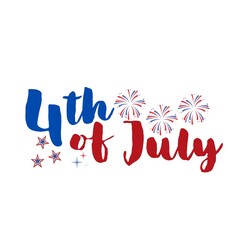 4th of July Text Graphic &ndash; Red and Blue Typography with Fireworks and Stars on White Background