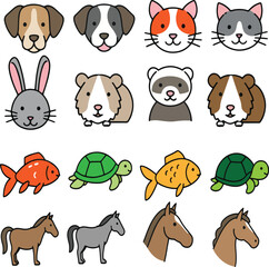 Cute Cartoon Animal Icon Set – Adorable Pet Face Collection in Flat Style