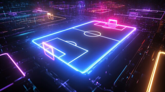 Stunning photo of neon soccer field rotates, spinning virtual 3d playground scheme perspective view looping animation, continuous animation sequence.