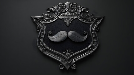 A mustache icon centered on a decorative shield or badge with ornamental details