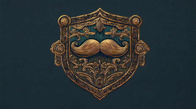 A mustache icon centered on a decorative shield or badge with ornamental details