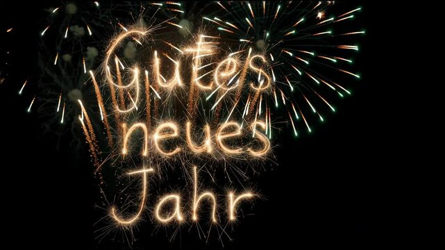 Silvester neujahr feier party gru&szlig;karte banner - gutes neues jahr text deutsch und animiertes feuerwerk, isoliert auf schwarzem hintergrund, 4k video, ultra hd