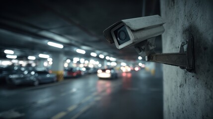 Stunning photo of parking Garage: A security camera installed on a concrete pillar, watching over a dimly lit underground parking lot, cars in motion blur . Closeup of CCTV.