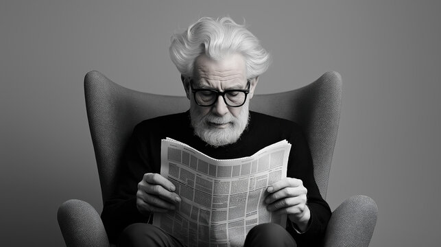 Elderly man reads newspaper in cozy armchair at home