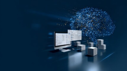 3D rendering of the artificial intelligence concept with a computer and brain. Digital technology creates an AI cloud structure from data to software design for business process management or VR.