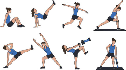 Dynamic Fitness Exercises: Full-Body Workout for Strength, Flexibility, and Core Training flat vector illustration