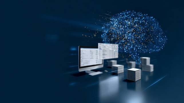 3D rendering of the artificial intelligence concept with a computer and brain. Digital technology creates an AI cloud structure from data to software design for business process management or VR.