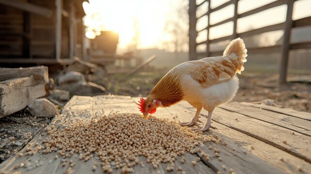 Farm Chicken Eating Grain at Sunrise or Sunset chicken eating grain farm sunrise sunset hen poultry