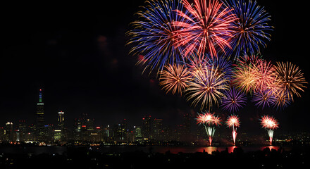 Dazzling multicolor fireworks exploding over a city during a patriotic holiday celebration in the USA