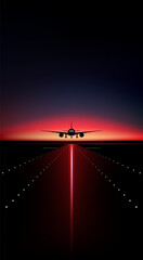 Airplane landing in the sunset rays. Vector illustration. Sketch for creativity.