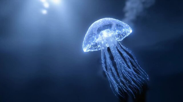 Mystical Marine Realm: A mesmerizing jellyfish drifts serenely within a tranquil underwater domain. Illuminated from above. Captured in a photo-realistic depiction of the mysteries of the deep. 