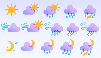 Weather forecast widget icons. Meteo 3d set of sun, moon and stars render. Glass morphism holographic clouds with rain, thunder, lightning, wind and snowflakes, climate app elements. 3D illustration