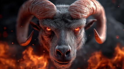 Mysterious ram with glowing eyes surrounded by flames