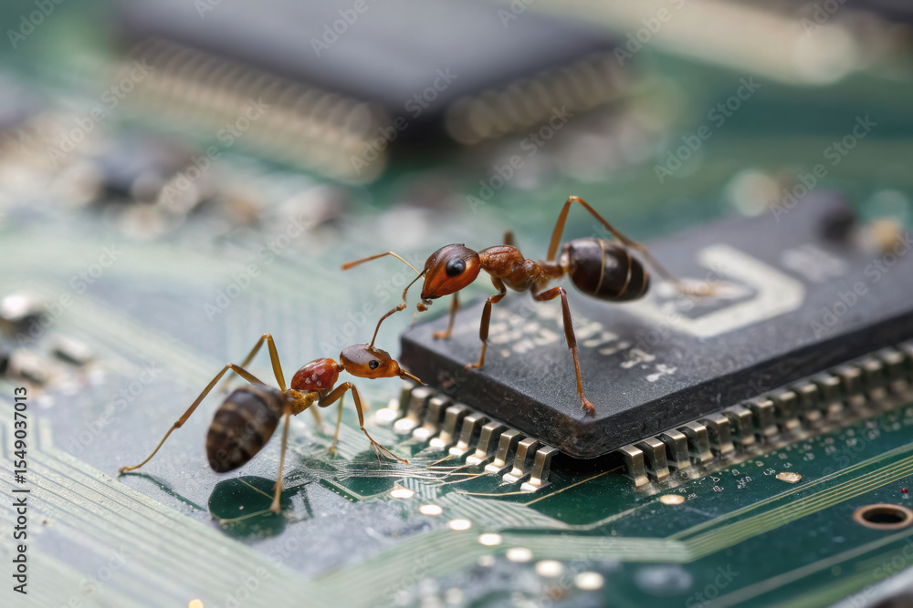 Poster two ants interacting on computer circuit board, showcasing technology and nature