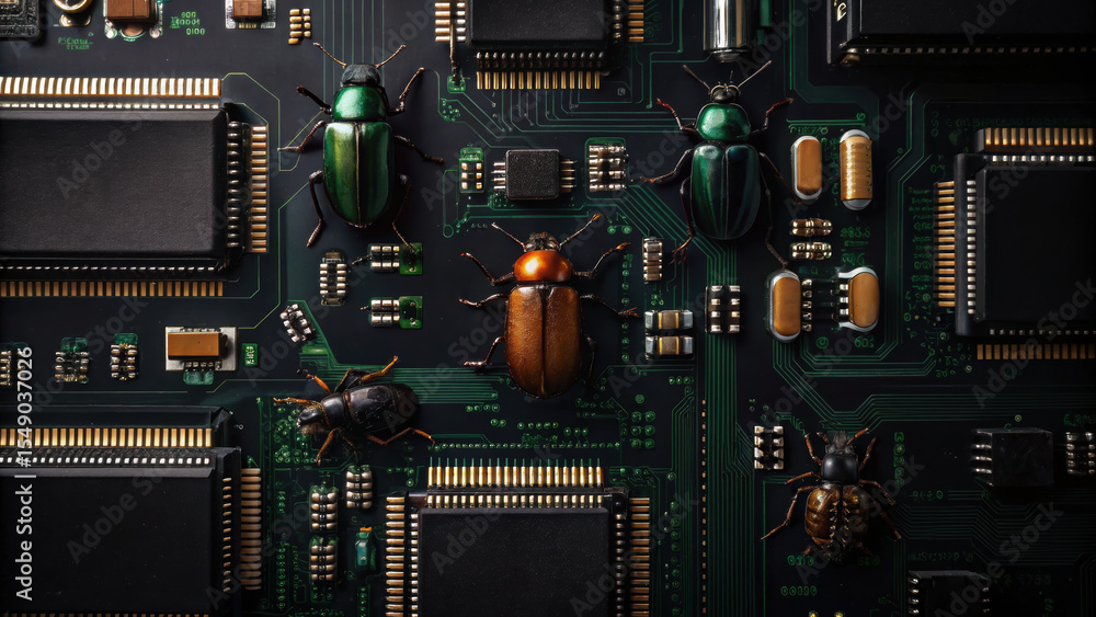 Poster bugs crawling on computer circuit board symbolize cybersecurity threats