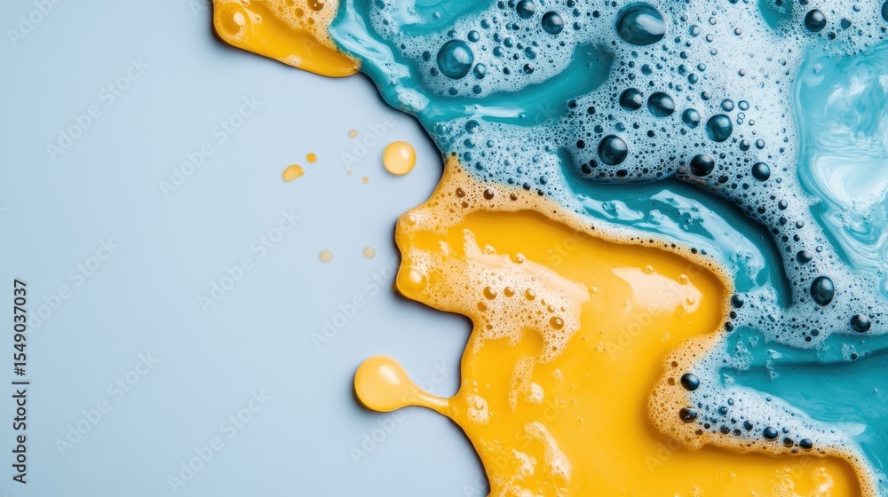 Poster a vibrant abstract composition of blue and yellow fluid shapes blending seamlessly, illustrating the