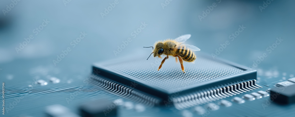 Poster bee on microchip symbolizes intersection of nature and technology
