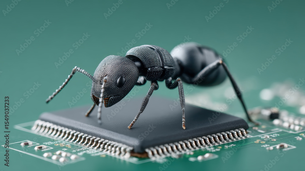 Poster close up of ant on microchip, symbolizing technology and nature interaction