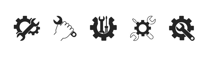 Tools icons set. Gear icon, screwdriver, and wrench. Auto service signs. Instruments collection.