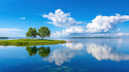 Serenity of a tranquil lake under a bright blue sky