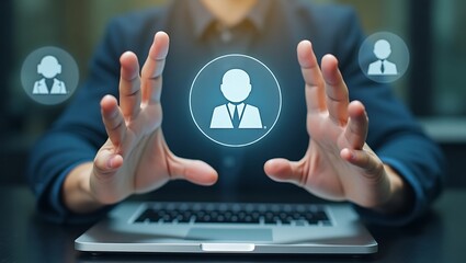 Virtual team collaboration interface hovering over laptop, multiple hand gestures.