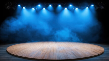 Blue spotlight illuminates a circular stage in a performance space