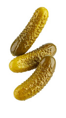 Three pickled gherkins floating on transparent background